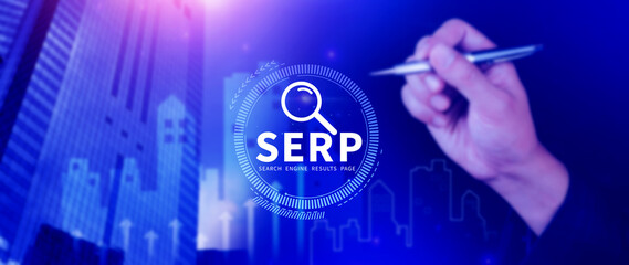 SERP, Search Engine Result Pages concept, magnifying glass with text SERP, can be used for business, marketing and education concept