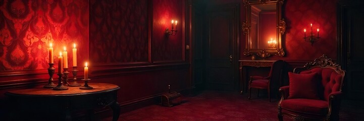 Mysterious dimly lit room, velvet textures, antique mirror reflecting candlelight, hints of forbidden luxury, sensual atmosphere, inviting shadows , alluring, purple, atmosphere