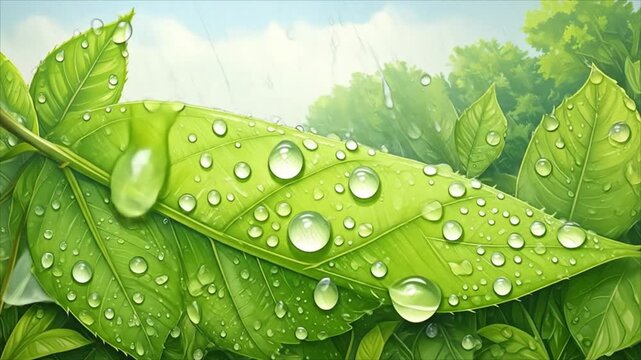 Dew drops on green leaves illustration