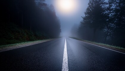 Fototapeta premium the dark and mysterious atmosphere of this foggy night road creates a sense of intrigue and danger