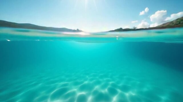 Crystal turquoise sea underwater with waves in sunny day