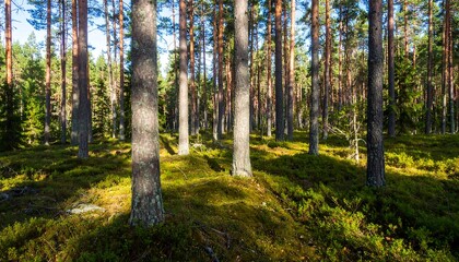 Fototapeta premium Sunlight filtering through a pine forest