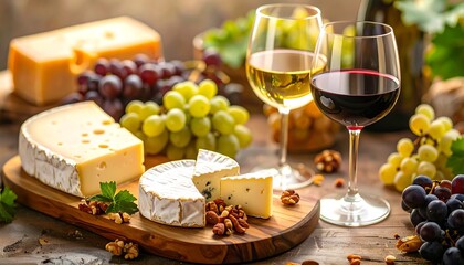 A selection of cheeses, grapes, and wine glasses arranged on a wooden platter, creating a visually appealing and inviting scene.