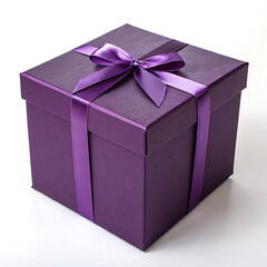 Obraz premium A square purple gift box with a matching ribbon tied in a bow on top against a white backdrop