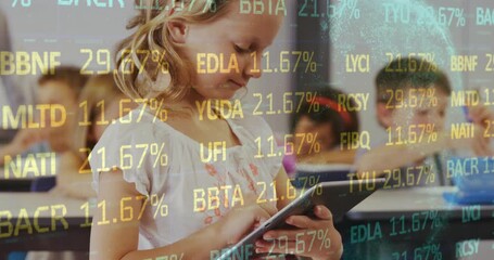 Child girl tapping tablet screen in school, generating codes and updating percentages for learning