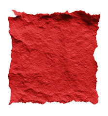 A vibrant, textured, red square, irregularly shaped, with a rough, wrinkled surface