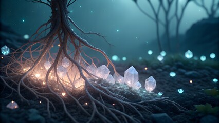 Naklejka premium Plant roots intertwined with crystals, glowing faintly under bioluminescent-inspired lighting