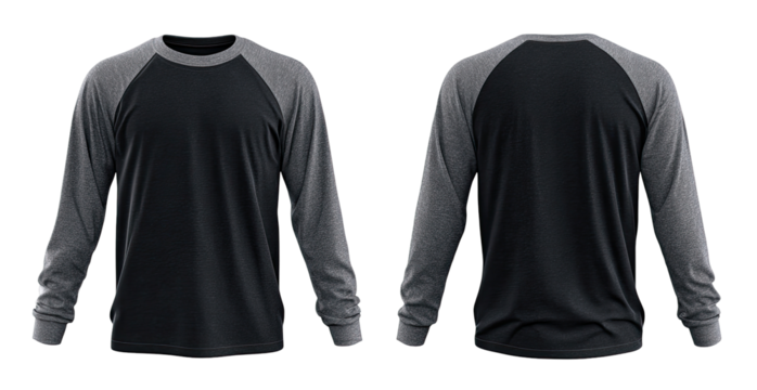 Front and back view of a long-sleeve crew neck shirt with color block design.  Gray and black accents on the sleeves and neckline