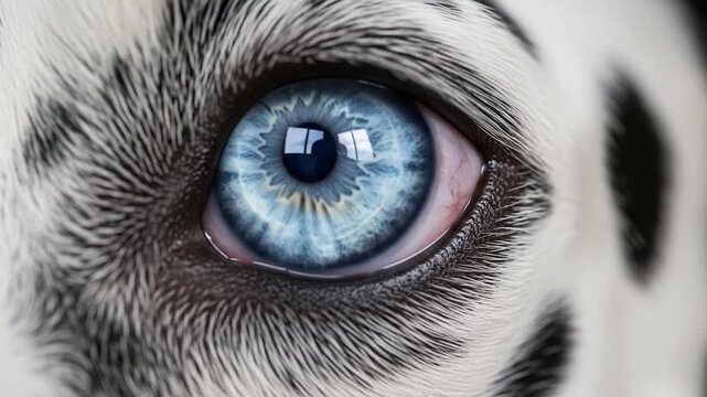 Captivating blue eye of a dalmatian dog, showing intricate iris patterns.