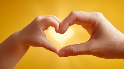 Fototapeta premium A child's and an adult's hand make a heart gesture symbolizing love on a yellow background.
