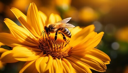 a bee on a bright yellow flower collects nectar sunny day
