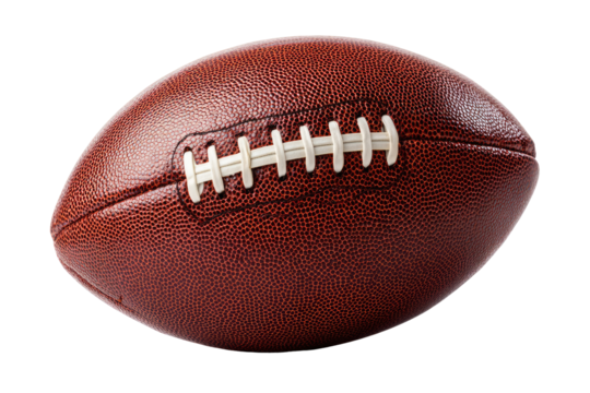 Close-up of a brown leather American football, showing the stitching