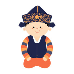 Cute boy in traditional Korean clothes hanbok sitting, isolated on transparent. Hand drawn flat vector illustration. Cartoon character. Chuseok, Seollal design element, clip art