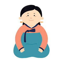 Adult woman in traditional Korean clothes hanbok sitting, isolated on transparent. Hand drawn flat vector illustration. Cartoon character. Chuseok, Seollal design element, clip art
