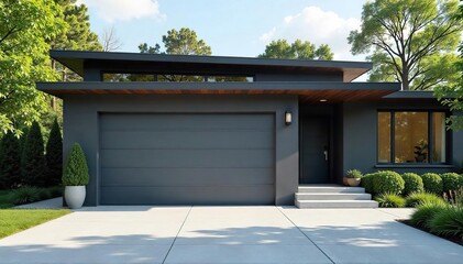 Modern gray garage door with sleek lines and windows, providing natural light and curb appeal Ideal for home improvement, architecture, and real estate websites , home, opener