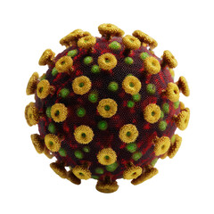 3D virus model,  red,  yellow,  green spikes