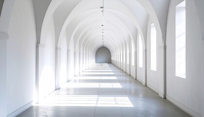 Obraz premium Long White Corridor with Vaulted Archways and Sunlight Streaming In
