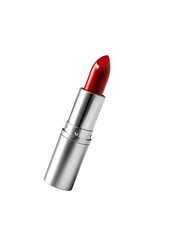 Close-up of a vibrant red lipstick in a silver tube