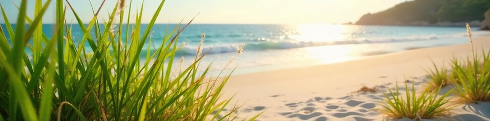 Serene coastal scene with gently waving seagrass swaying in the warm summer breeze, sun-drenched beach in the background Perfect for travel, summer, and nature themes , vacation, waves