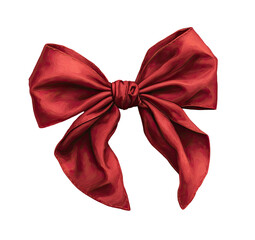 A rich crimson ribbon bow, digitally rendered, with flowing, draped fabric and a knotted center