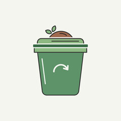 Green trash can with recycling symbol and organic waste with small plant.