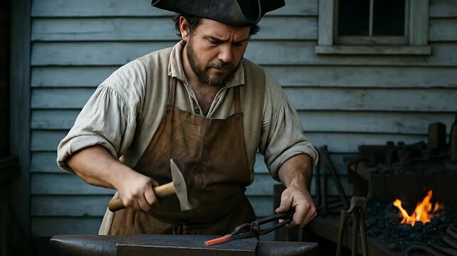 Historical Blacksmith Forging Red-Hot Metal on an Anvil with Hammer and Tongs, Demonstrating Traditional Craftsmanship and Manual Labor in a Coloni...