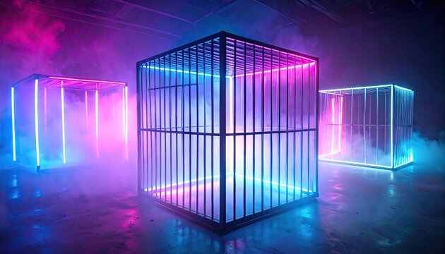 Neon Lattice Cube Cages in Foggy Pink and Blue Glow