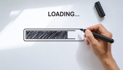 Hand drawing a loading bar with a marker on a white surface, indicating progress or waiting.