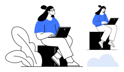 Woman sitting with laptop on a block surrounded by abstract plants and clouds. Ideal for themes thumbs up remote work, focus, productivity, online learning, technology, creativity, self-growth. Clean