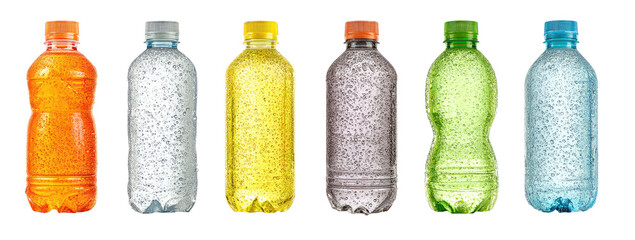 Row of colorful plastic bottles (6)