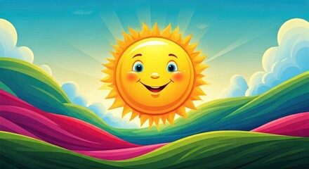 Smiling sun above colorful hills
