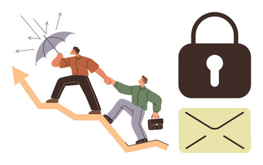 Two people climbing upward on a graph, symbolizing progress and teamwork, with one holding an umbrella for protection. Adjacent lock and envelope icons suggest security and communication. Ideal