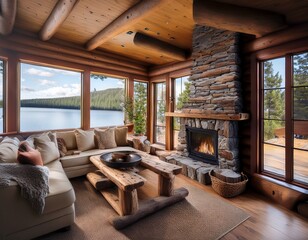 cozy and serene rustic log cabin living room with reclaimed wood furniture a stone fireplace and large windows with view of a lake and forest