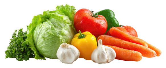 Fresh assortment of vegetables including lettuce, tomatoes, bell peppers, carrots, and garlic