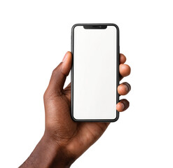 Close-up of a hand holding a modern smartphone with a blank white screen.  Dark-skinned hand grips the phone, which is oriented vertically, displaying an empty white screen.  