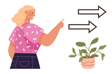 Woman with blonde hair pointing towards two arrows, emphasizing direction. Potted plant signifies growth. Ideal for decision-making, leadership, guidance, progress, growth, problem-solving