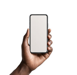 A hand holds a smartphone with a blank screen.  Dark-skinned hand, modern phone, blank display, close-up view, isolated