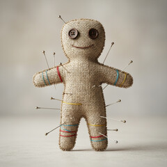 Handmade burlap voodoo doll with button eyes, colorful thread accents, and pins, symbolizing mysticism or rituals, isolated on a neutral background.