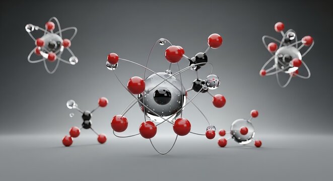 3D Render of Red and Black Atoms, Molecular Structure, Science, Technology, Chemistry, Physics Illustration - Powered by Adobe