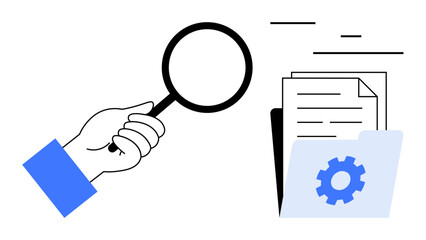 Hand with magnifying glass inspecting documents, gear icon on folder suggesting settings or process. Ideal for search, analysis, data exploration, productivity, software, audit, simple landing page