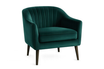 Stylish teal velvet armchair with a ribbed back and dark wooden legs, isolated on a transparent background, perfect for interior design projects