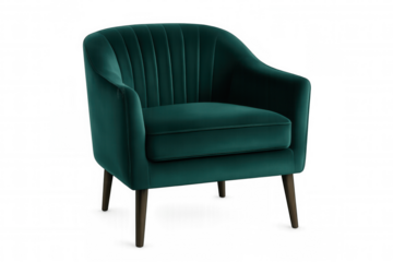 Stylish teal velvet armchair with a ribbed back and dark wooden legs, isolated on a transparent background, perfect for interior design projects