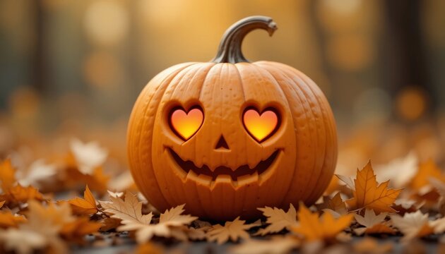 Carved Halloween pumpkin with heart shaped eyes sitting amidst autumn leaves