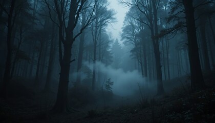 Naklejka premium Dark forest scene with dense fog and tall trees Misty woodland path at twilight