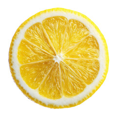 High-angle close-up of a perfectly round lemon slice.  The vibrant yellow rind contrasts with the pale white pith, showcasing the juicy interior.  A starburst pattern radiates from the center