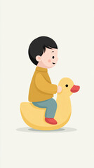 Asian child riding yellow rocking duck toddler play fun