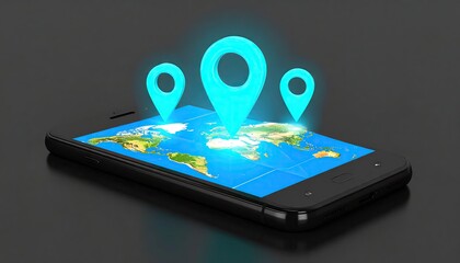 Smartphone Displaying Global Map with Cyan Location Pins