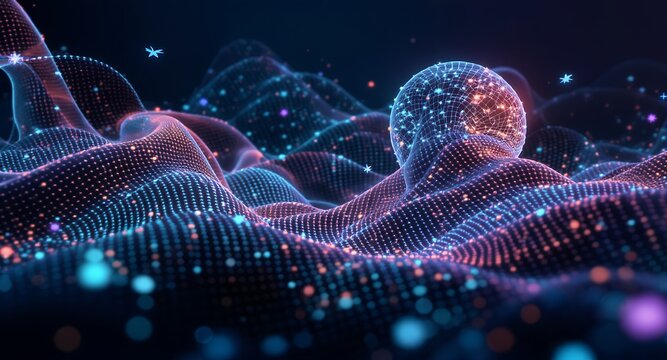 Abstract glowing energy field with sphere, digital art, futuristic background, neon light, particle effects