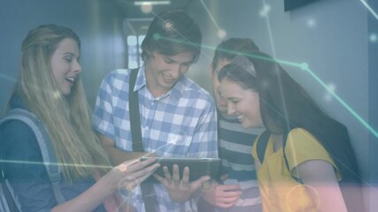 Students leaning in over tablet in hallway and activating animated network diagrams for learning - Powered by Adobe