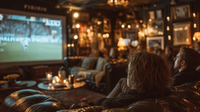 Cozy atmosphere with spectators enjoying sports game on large screen in a stylish lounge with ambient lighting and vintage decor